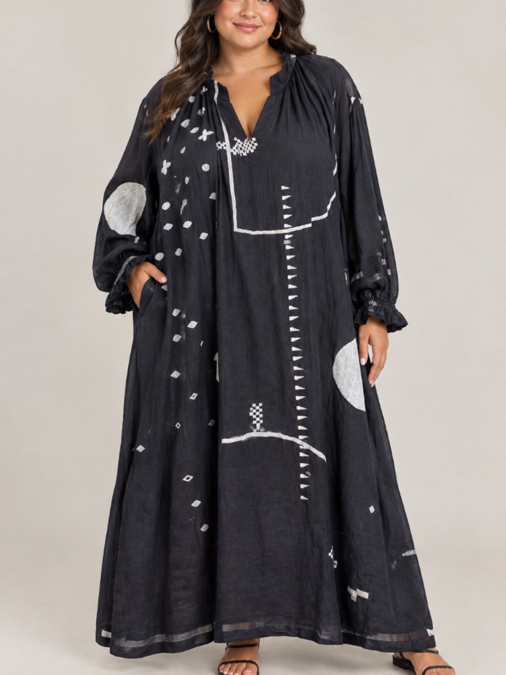 World of Crow Women's Whimsy Flared Dress Sz 4X Black Abstract Lagenlook